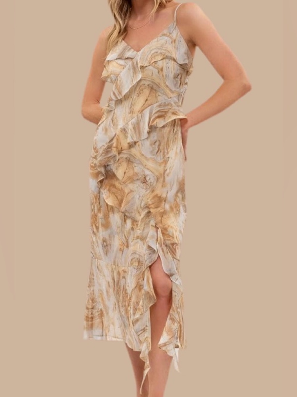 Blu Pepper Marble-Print Ruffle Midi Dress in Beige and Cream